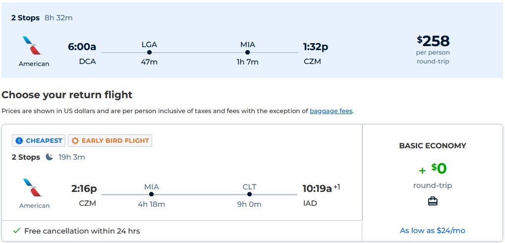 Click here to book this cheap flight deal. Cheap flights from Washington DC to Cozumel, Mexico for only $258 roundtrip with American Airlines. Flight deal ticket image.
