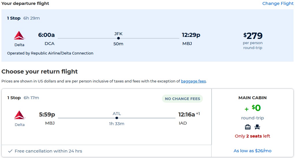 Cheap flights from Washington DC to Montego Bay, Jamaica for only $279 roundtrip with Delta Air Lines. Flight deal ticket image.