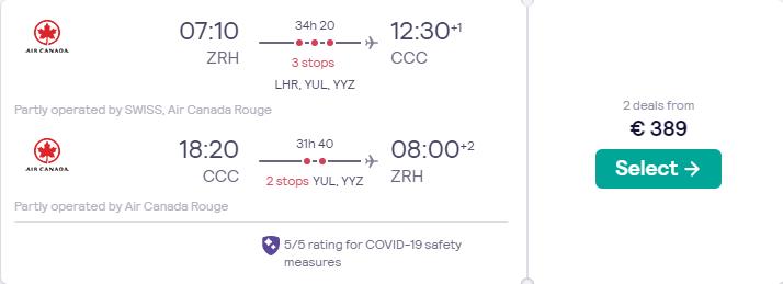 Cheap flights from Zurich, Switzerland to Cayo Coco, Cuba for only €389 roundtrip with Swiss International Air Lines and Air Canada. Flight deal ticket image.