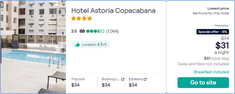 Stay at the 4* Hotel Astoria Copacabana in Rio de Janeiro, Brazil for only $31 USD per night. Flight deal ticket image.