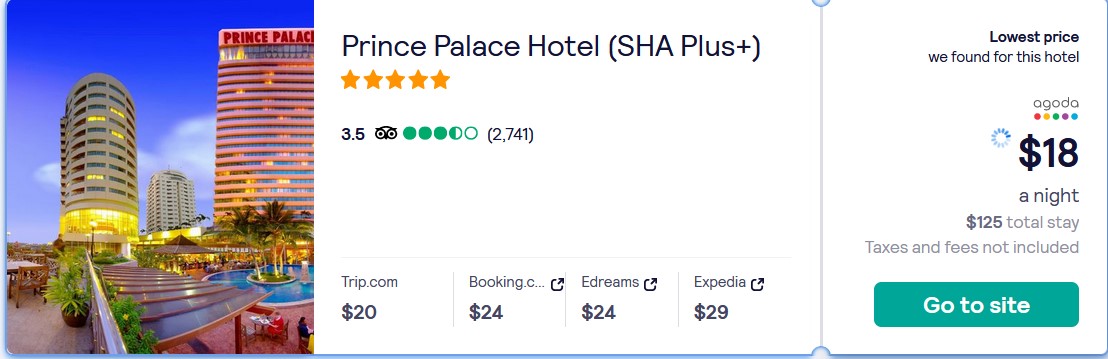 Stay at the 5* Prince Palace Hotel  (SHA Plus+) in Bangkok, Thailand for only $18 USD per night. Flight deal ticket image.