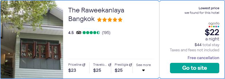 Click here to book this cheap flight deal. Stay at the 5* The Raweekanlaya Bangkok in Bangkok, Thailand for only $22 USD per night. Flight deal ticket image.