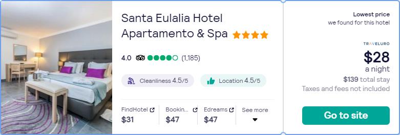 Stay at the 4* Santa Eulalia Hotel Apartamento & Spa in Algarve, Portugal for only $28 USD per night. Flight deal ticket image.