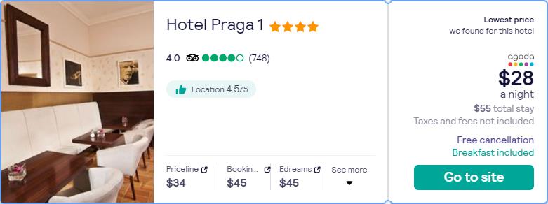 Stay at the 4* Hotel Praga 1 in Prague, Czech Republic for only $28 USD per night. Flight deal ticket image.