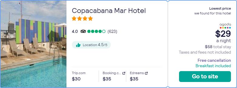 Stay at the 4* Copacabana Mar Hotel in Rio de Janeiro, Brazil for only $29 USD per night. Flight deal ticket image.