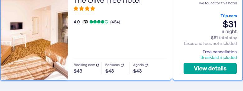 Stay at the 4* The Olive Tree Hotel in Cyprus for only $31 USD per night. Flight deal ticket image.