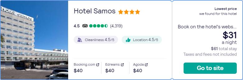 Stay at the 4* Hotel Samos in Palma de Mallorca, Spain for only $33 USD per night over Christmas and New Year. Flight deal ticket image.