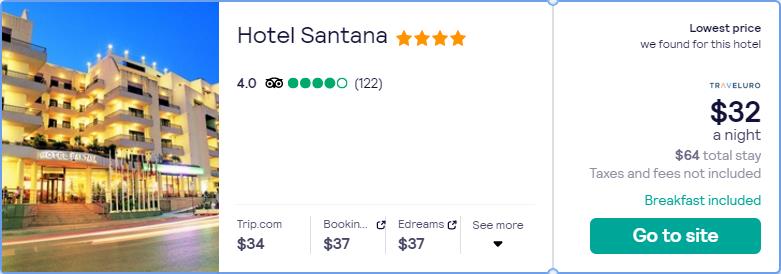 Stay at the 4* Hotel Santana in Malta for only $32 USD per night. Flight deal ticket image.