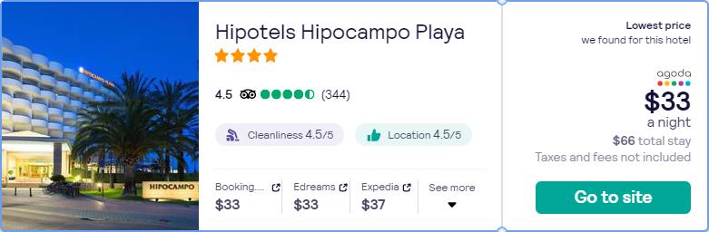 Stay at the 4* Hipotels Hipocampo Playa in Palma de Mallorca, Spain for only $33 USD per night. Flight deal ticket image.