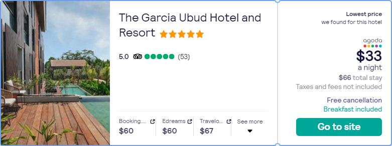 Stay at the 5* The Garcia Ubud Hotel and Resort in Bali, Indonesia for only $33 USD per night. Flight deal ticket image.