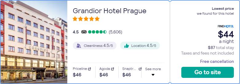 Click here to book this cheap flight deal. Stay at the 5* Grandior Hotel Prague in Prague, Czech Republic for only $44 USD per night. Flight deal ticket image.