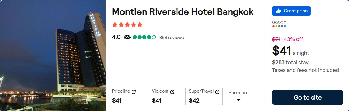 Stay at the 5* Montien Riverside Hotel Bangkok in Bangkok, Thailand for only $41 USD per night. Flight deal ticket image.