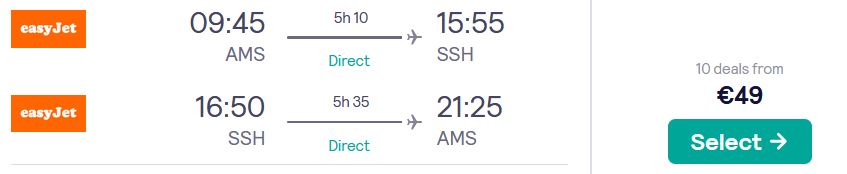 Click here to book this cheap flight deal. Non-stop flights from Amsterdam, Netherlands to Sharm el Sheikh, Egypt for only €49 roundtrip. Flight deal ticket image.