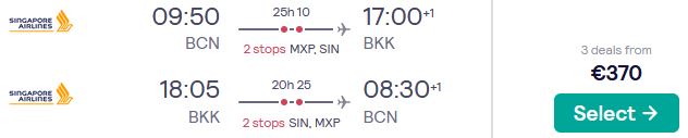 Cheap flights from Barcelona, Spain to Bangkok or Phuket, Thailand from only €370 roundtrip with Singapore Airlines. Flight deal ticket image.