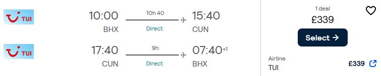 Non-stop flights from Birmingham, UK to Cancun, Mexico for only £339 roundtrip. Flight deal ticket image.