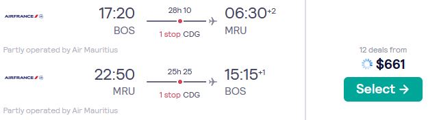 Summer flights from Boston to Mauritius for only $661 roundtrip. Flight deal ticket image.