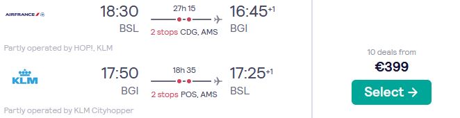 Cheap flights from Basel, Switzerland to Barbados for only €385 roundtrip with Air France and KLM. Flight deal ticket image.