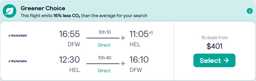 Non-stop flights from Dallas, Texas to Helsinki, Finland for only $401 roundtrip with Finnair. Flight deal ticket image.