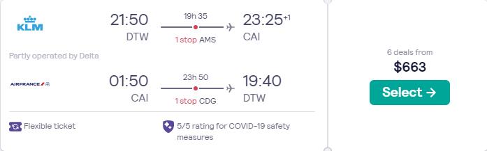 Cheap flights from Detroit to Cairo, Egypt for only $663 roundtrip with Delta Air Lines, KLM and Air France. Flight deal ticket image.
