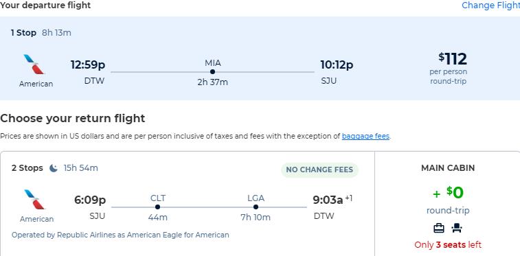 Cheap flights from Detroit to San Juan, Puerto Rico for only $112 roundtrip with American Airlines. Flight deal ticket image.