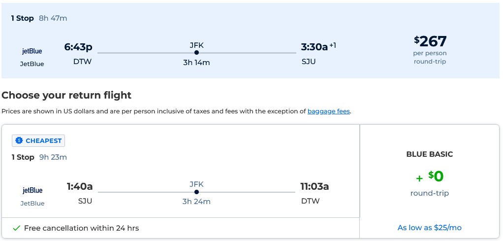 Cheap flights from Detroit, USA to San Juan, Puerto Rico for only $267 roundtrip with JetBlue. Also works in reverse (for $267 USD roundtrip). Flight deal ticket image.