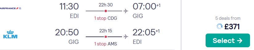 Cheap flights from Edinburgh, Scotland to Rio de Janeiro, Brazil for only £371 roundtrip with Air France and KLM. Flight deal ticket image.