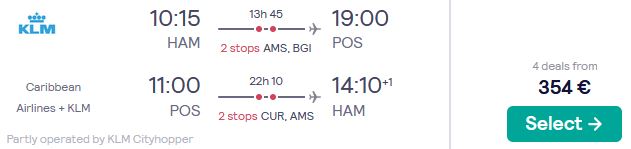 Cheap flights from German cities to Trinidad from only €354 roundtrip with KLM. Flight deal ticket image.