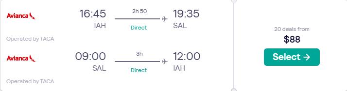 Click here to book this cheap flight deal. Non-stop flights from Houston, Texas to San Salvador, El Salvador for only $88 roundtrip with Avianca. Flight deal ticket image.