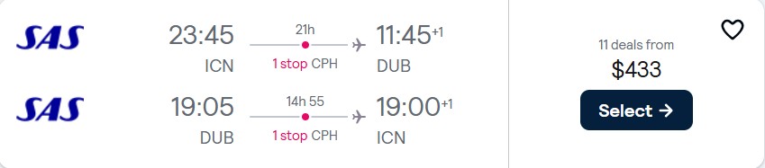Cheap flights from Seoul, South Korea to Dublin, Ireland for only $433 USD roundtrip with Scandinavian Airlines. Flight deal ticket image.