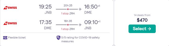 Click here to book this cheap flight deal. Summer flights from Johannesburg, South Africa to Moscow, Russia for only $470 USD roundtrip with Swiss International Air Lines. Flight deal ticket image.