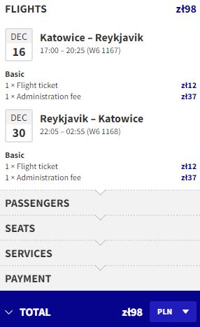 Non-stop flights from Katowice, Poland to Reykjavik, Iceland for only €19 roundtrip. Flight deal ticket image.