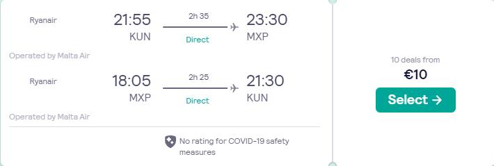 Non-stop flights from Kaunas, Lithuania to Milan, Italy for only €10 roundtrip. Flight deal ticket image.