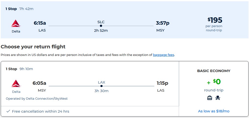 Cheap flights from Las Vegas to New Orleans for only $195 roundtrip with Delta Air Lines. Also works in reverse. Flight deal ticket image.
