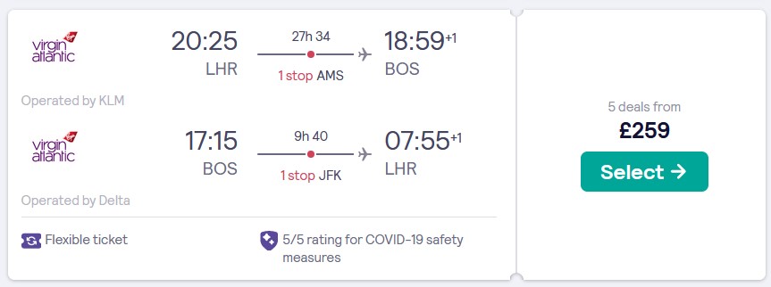 Cheap flights from London or Edinburgh, UK to Boston, USA from only £259 roundtrip with KLM, Delta Air Lines and Virgin Atlantic. Flight deal ticket image.