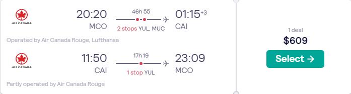 Cheap flights from Orlando, Florida to Cairo, Egypt for only $609 roundtrip with Air Canada and Lufthansa. Flight deal ticket image.