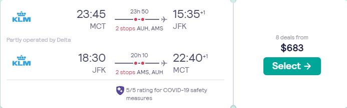 Cheap flights from Muscat, Oman to New York, USA for only $683 USD roundtrip with KLM and Delta Air Lines. Flight deal ticket image.