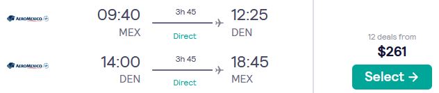 Non-stop flights from Mexico City, Mexico to Denver, Colorado for only $261 USD roundtrip with Aeromexico. Flight deal ticket image.