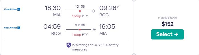 Click here to book this cheap flight deal. Cheap flights from Florida cities to Bogota, Colombia from only $152 roundtrip with Copa Airlines. Flight deal ticket image.
