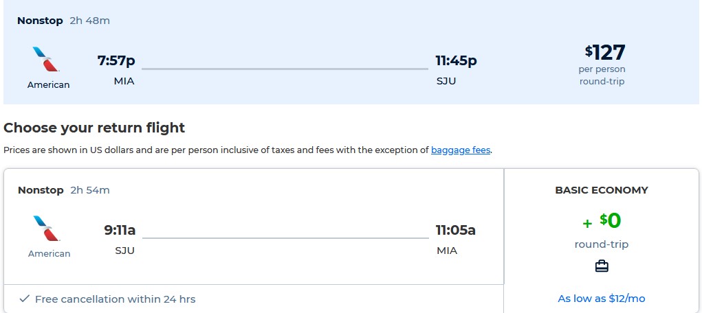 Non-stop flights from Miami or Philadelphia to San Juan, Puerto Rico from only $127 roundtrip with American Airlines. Flight deal ticket image.