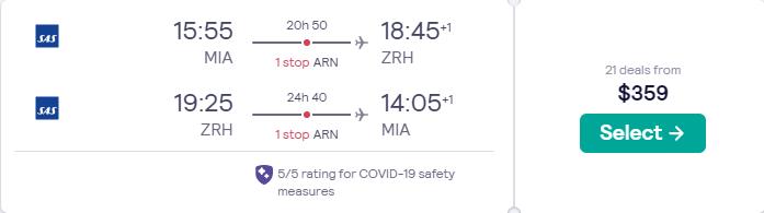 Cheap flights from Miami to Zurich, Switzerland for only $359 roundtrip with SAS. Flight deal ticket image.
