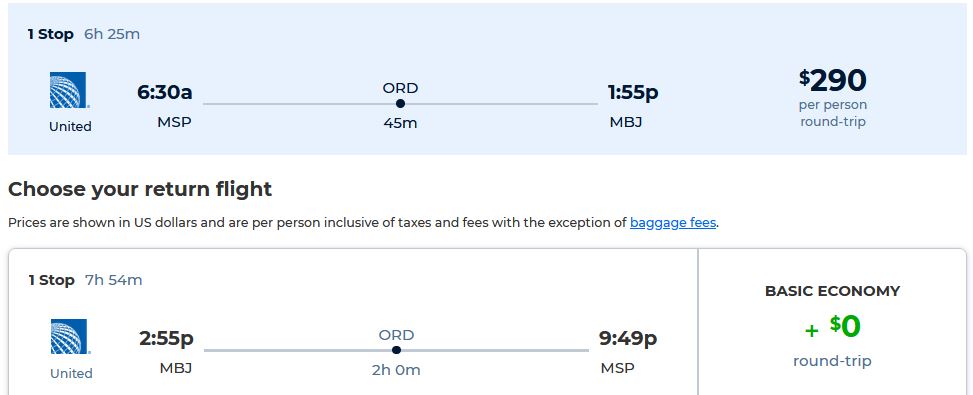 Cheap flights from Minneapolis to Montego Bay, Jamaica for only $290 roundtrip with United Airlines. Flight deal ticket image.