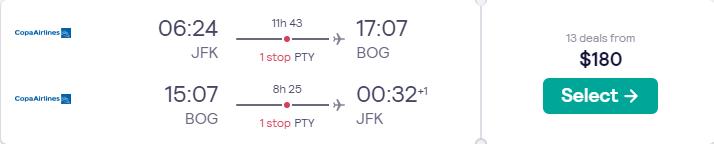 Click here to book this cheap flight deal. Cheap flights from New York or Washington DC to Bogota, Colombia from only $180 roundtrip with Copa Airlines. Flight deal ticket image.