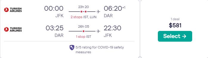 Cheap flights from New York to Dar Es Salaam, Tanzania for only $581 roundtrip with Turkish Airlines. Flight deal ticket image.