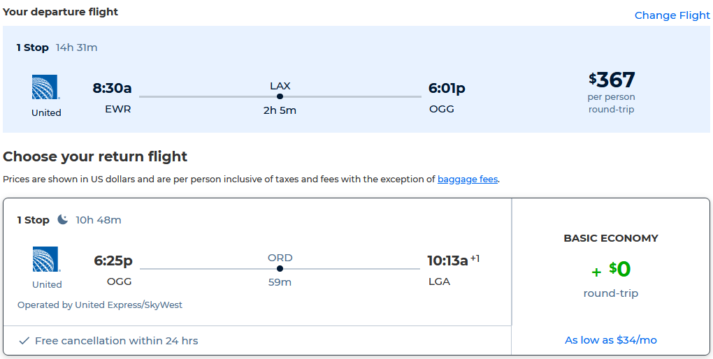 Cheap flights from New York to Kahului, Hawaii for only $367 roundtrip with United Airlines. Also works in reverse. Flight deal ticket image.