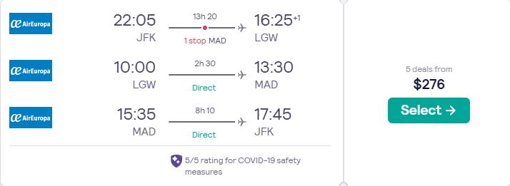 Click here to book this cheap flight deal. 2 in 1 trip...Cheap flights from New York to London, UK and Madrid, Spain for only $276 roundtrip with Air Europa. Flight deal ticket image.