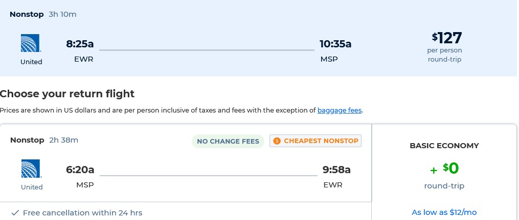 Non-stop flights from New York to Minneapolis for only $127 roundtrip with United Airlines. Also works in reverse. Flight deal ticket image.