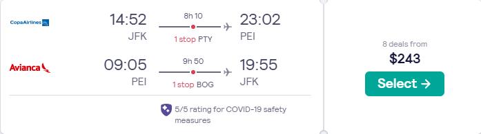 Click here to book this cheap flight deal. Cheap flights from New York or Washington DC to Pereira, Colombia from only $243 roundtrip with Copa Airlines and Avianca. Flight deal ticket image.