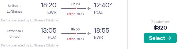 Cheap flights from New York to Polish cities from only $320 roundtrip with United Airlines and Lufthansa. Flight deal ticket image.
