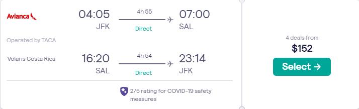 Click here to book this cheap flight deal. Non-stop flights from New York or Washington DC to San Salvador, El Salvador from only $152 roundtrip with Avianca. Flight deal ticket image.