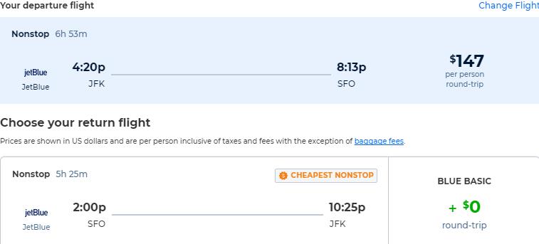 Non-stop flights from New York to San Francisco for only $147 roundtrip with JetBlue. Also works in reverse. Flight deal ticket image.